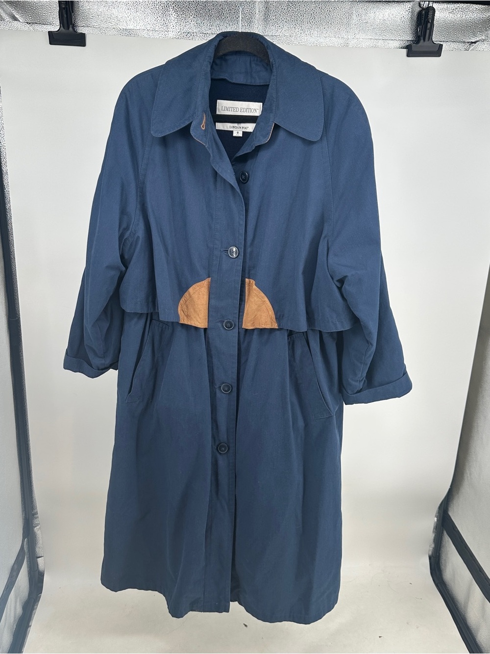 Vintage Size 8 London Fog Navy Trench Coat Suede Accents Zip Out Wool Lining